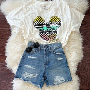 Disney Celebrate Together Checkered, Striped Mickey Head Palm Tree Print Tee 2X